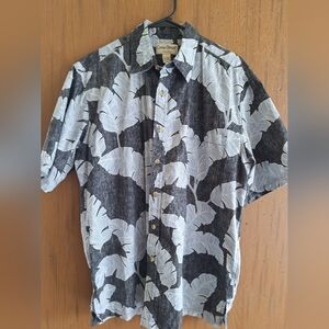 Cooke Street Hawaiian Tropical Banana Leaf Black Gray Button Down Short Sleeve
